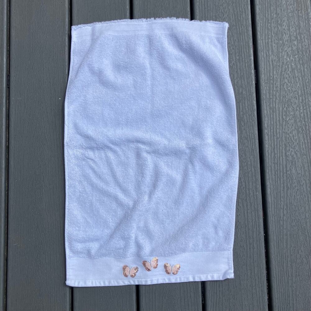 White hand towel with sequin butterflies, vintage 2000s Y2K fairycore boho chic